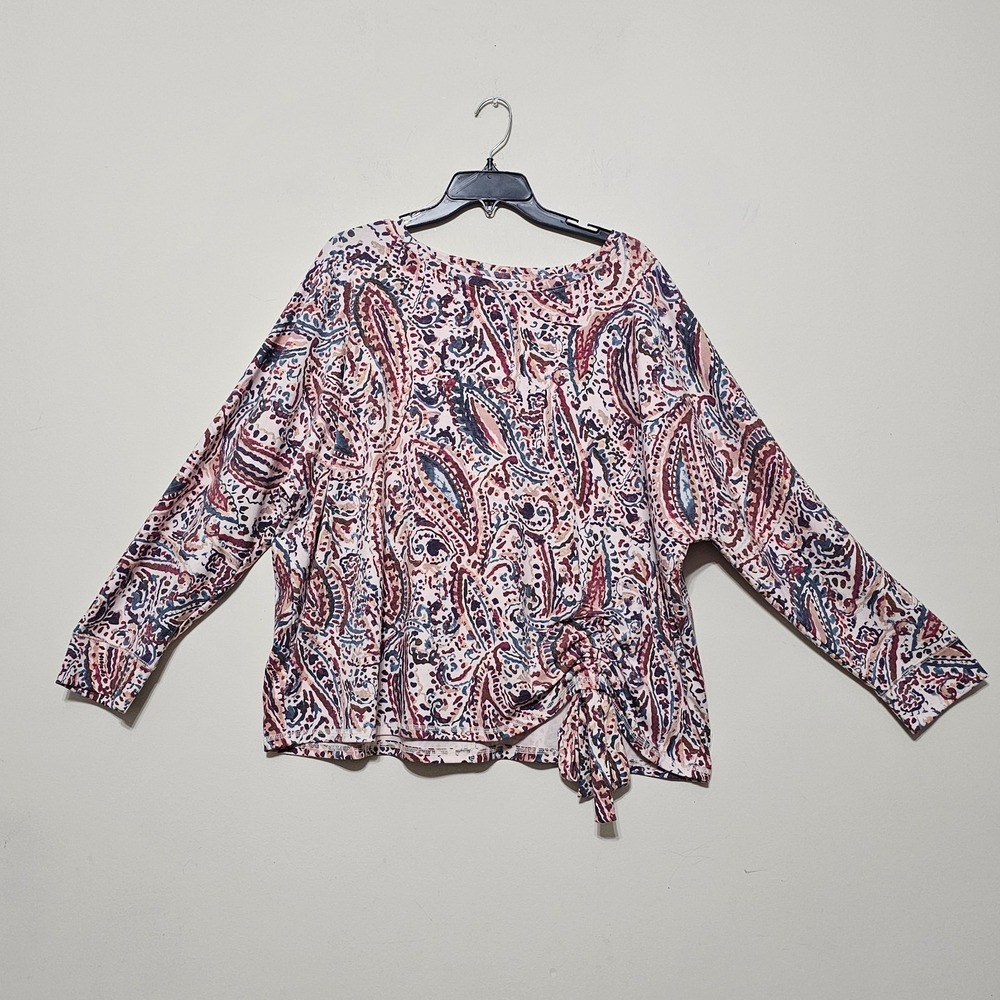 Westbound Top Blouse Plus 2X‎ Multicolor Long Sleeves Ruched Tie Waist 0918